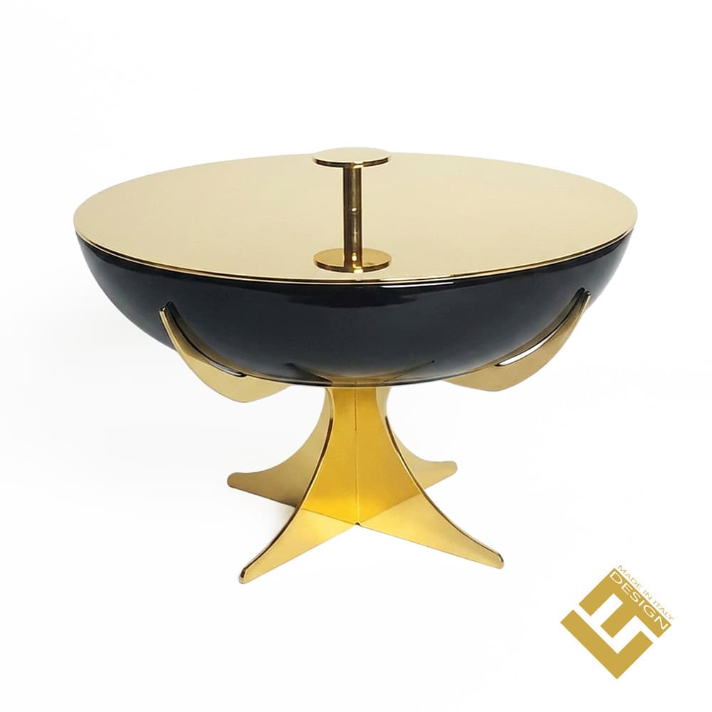 ROUND BLACK DISH WITH GOLD PLATED STAND & LID