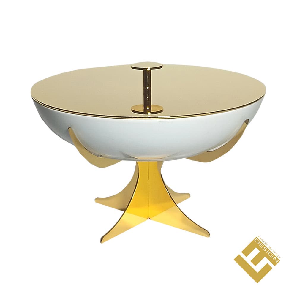 ROUND DISH STAINLESS STEEL STAND WITH LID & GOLD PLATES