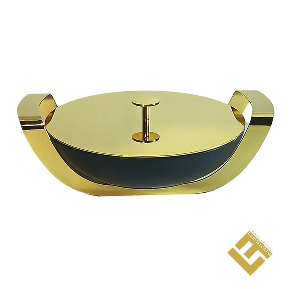 ROUND BLACK DISH W/S/S HOLDER GOLD & LID GOLD