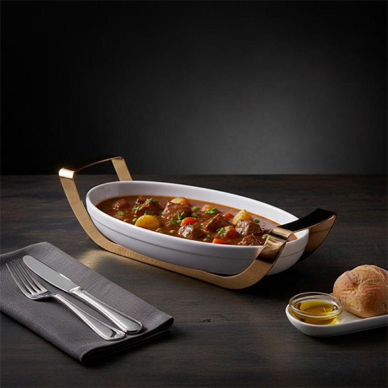 OVAL DISH - STAINLESS STEEL HOLDER & LID GOLD PLATED