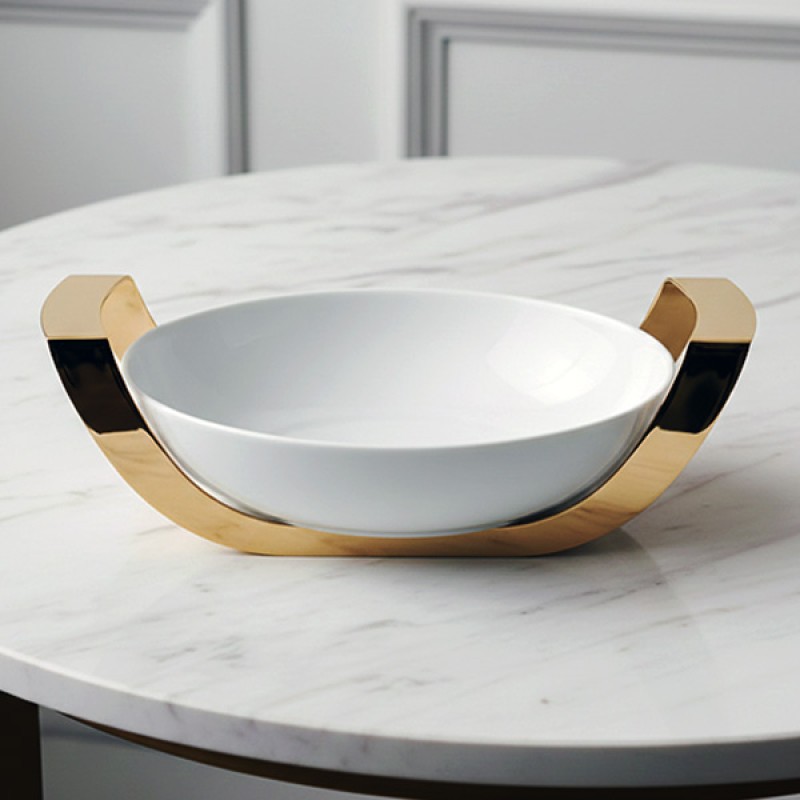 ROUND DISH W/S/S HOLDER GOLD & LID GOLD