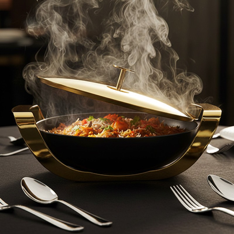 ROUND BLACK DISH W/S/S HOLDER GOLD & LID GOLD