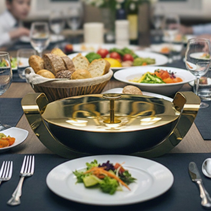 ROUND BLACK DISH W/S/S HOLDER GOLD & LID GOLD