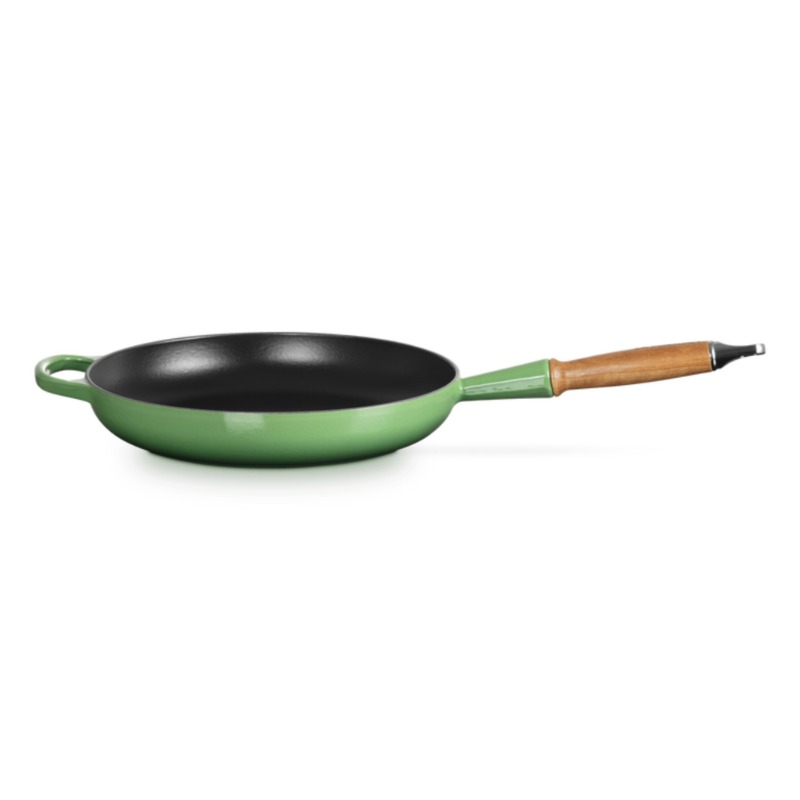 28cm CAST IRON FRYING PAN WITH WOODEN HANDLE - BAMBOO GREEN